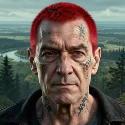 an ultra realistic, cinematic, headshot portrait, of an old man with red short hair and tattoos, branches, facial features, background of a vast serene landscape, with trees and rivers, detailed, deep focus, movie still, dramatic lighting, ray tracing, by michal karcz and yoshitaka amano