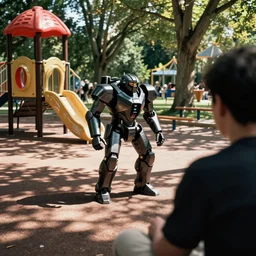 home video footage, armored core v playing in the playground, summer. color vhs picture quality with mixed noise, filmed by dad.