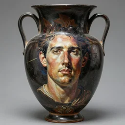 a beautiful, ancient, iron made greek amphora container, museum item, with the face of tom cruise