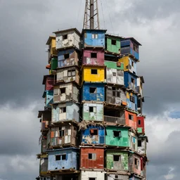 close - up view of a tower made up of colourful makeshift squatter shacks, bleached colours, moody cloudy sky, dystopia, hasselblad x 1 d, very detailed, photographed by cristina de middel