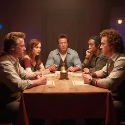 film still dnd, schwarzenegger, beckinsale, theron, lawther sit at table playing dnd, pixar cartoon