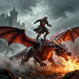 a knight with sword leaping on a dragons back as the dragon breathes fire and inflames the ground beneath him, smoke everywhere with castle in distance, stormy, raining, 4 k, hd, realistic