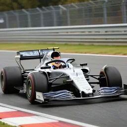rowan atkinson driving a modern formula 1 car around the silverton track