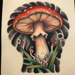 mushroom in decay, tattoo art, japanese, color restoration, vortex, highly detailed,