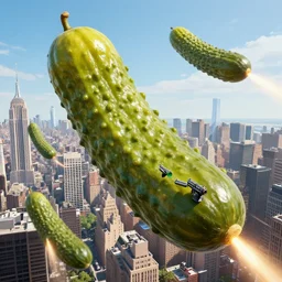 colossal pickles flying over new york city, there are guns on the outside of the pickles that are firing projectiles down upon the city