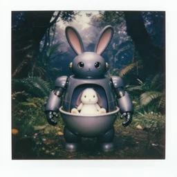 dark night oversized battle rabbit robot chubby fatmech bucket bowl with big ears with rabbit sitting inside, in jungle forest, full body, nighttime, cinematic focus, polaroid photo, vintage, neutral dull colors, soft lights, foggy, overcast by oleg oprisco, by thomas peschak, by discovery channel, by victor enrich, by gregory crewdson