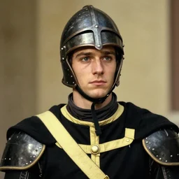Medium closeup young idealistic and pious homely male Imperial soldier wearing a black tabard with light yellow accents over a gambeson and a small!!! barbut helm, by Raymond Swanland Greg Rutkowski Lise Deharm, {perfect face}, {perfect eyes}, {uncertain look}, {on edge}