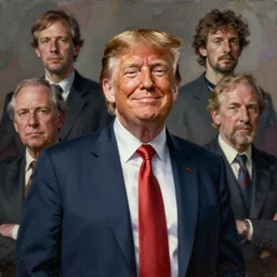 cinematic portrait of donald trump serene, smirk, psychedelic, desaturated, tim hildebrandt, wayne barlowe, bruce pennington, donato giancola, larry elmore, oil on canvas, masterpiece, trending on artstation, cinematic composition, dramatic pose, beautiful lighting, sharp, details, hyper - detailed, hd, hdr, 4 k, 8 k