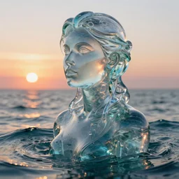 alluring portrait woman made of glass emerging out of the ocean at sunset, realistic reflections, translucency, ray tracing, 3 - d render, intricate details, masterpiece, surreal, style of jovana rikalo