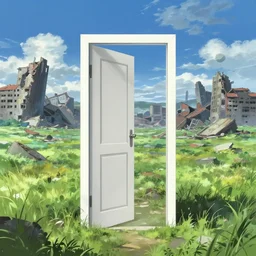 white door frame in the middle of a field, destroyed city abandoned apocalypse, illustration, digital painting, concept art, trending on artstation, pixiv, art by ruan jia and makoto shinkai
