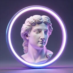 a giant neon ring surrounding a renaissance statue head, 3 d render