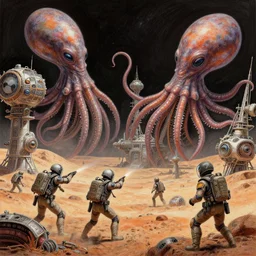 space soldiers shoot at giant alien squids on martian space stations, colored pencil, highly detailed, highly accurate, deep aesthetic, highly ornate intricate details, cinematic lighting, rich colors, ray tracing, hyperrealistic, cinematic landscape, art by artgerm and mizutani shion