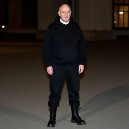 john paul ii standing in a black hoodie, black cargo pants and high black boots, evening, dark