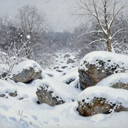 beautiful Winter landscape snowing, rocks, trees, painted by Julius Sergius Klever