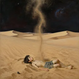 realistic detailed image of a little sick small boy drowning in a huge sand desert. a !!thin stream of sand!!! falls from the sky in to eternity of outer space.  by  Ayami Kojima, Amano, Karol Bak, Greg Hildebrandt, and Mark Brooks, Neo-Gothic, gothic, rich deep colors. Beksinski painting, part by Adrian Ghenie and Gerhard Richter. art by Takato Yamamoto. masterpiece