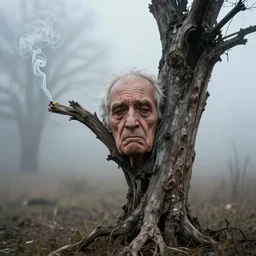 photographic portrait of wrinkly sad max ernst dried melting tree with spiraling cigarette smoke, in fog