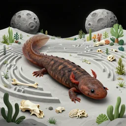 axolotl, huge woodlouse, bones of dead animals, solovetsky labyrinths, a landscape on the moon with craters, a lot of exotic vegetations, trees, flowers, a beautiful flowering garden, intricate detaild, pale colors, 8 k, in the style of martin johnson heade and roger dean