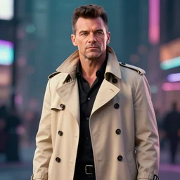 hyperrealistic transcendental rick astley wearing iconic beige trench coat, bladerunner, rtx on, cgi, unreal engine 5, aperture 1. 2, bokeh