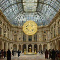 ''oil painting, the astrological society of paris, 19th century, mystic, under the grand transparent glass roof palace''