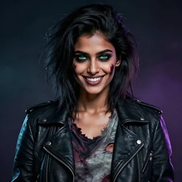 epic professional digital airbrushed portrait art of a fit and athletic, extremely attractive mid-20s East Indian supermodel emo female zombie, smiling, perfectly symmetrical face, wearing a slightly torn shirt under a leather jacket, with deep green eyes, scary portrait, walking dead, best on artstation, cgsociety, wlop, Behance, pixiv, cosmic, epic, stunning, gorgeous, glamour lighting, glamour headshot, masterpiece by Dorian Cleavanger and Stanley Lau