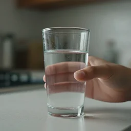 close - up on a glass of water and the hand of a teenager in a kitchen, depth of field, blur cinematic, 4 k