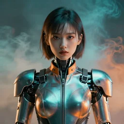 ( ( symmetry ) ) closeup portrait of a chrome mech cyborg android stunning girl, fashion racer jumpsuit with shoulder pads, cinematic light, teal orange, viscous volumetric smoke, mist, by gerald brom, by mikhail vrubel, by peter elson, muted colors, extreme detail, trending on artstation, 8 k
