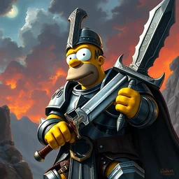 homer simpson in a heavy suit of armor, giant sword, digital painting masterpiece by rembrandt and mœbius and thomas kinkade and frank frazetta, 4 k wallpaper, comic book art
