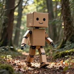robot made of a cardboard box, crayon face, walking through the forest