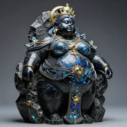 intricate holographic sculpture of futuristic fat black empress, stone and glass and gold, high contrast, blue and black, masterpiece