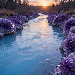 river of pale blue water, it's banks are covered in purple amethyst crystals. Sunset, specular reflections, trending on artstation, highly detailed, 8k
