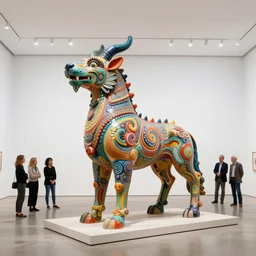 etablishing wide view shot of stunning colorful intriguing polished painted massive clay * poetic * sculpture of a mythic animal by * beth cavener * in empty empty white space exposiion. clear form. with collaboration of ellen jewett, beth cavener, sayaka ganz, edouard martinet, john o'reilly and judith klausner. joyfull
