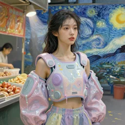 portrait of a beautiful girl in a asian food market, futuristic clothes, pastel colors, beautiful face, rule of thirds, spotlight, drips of paint, expressive, passionate, by mandy jurgens, by vincent van gogh, digital painting