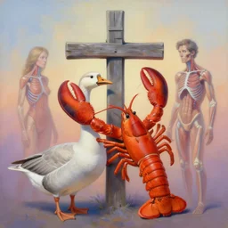 painting of cross between goose & lobster, intercrossed animal, by corine perier, anatomy by ellen jewett, anatomy by ronald ong, anatomy by arne olav gurvin fredriksen, cold hue's, warm tone gradient background, beautiful composition, digital painting