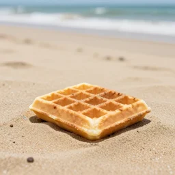 an eggo waffle in the sand on the beach, high quality photograph, sigma 8 5 mm f / 8
