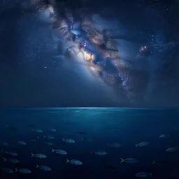 i am at the bottom of the ocean looking up, see fishes swimming, the milk way up above, night time, midnight. highly detailed painting by gaston bussierei 8 k