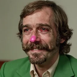 close-up portrait of a melancholy bedraggled man with thick 70s mutton chops and handlebar moustache, wearing a 1970s green blazer, looking out and grinning with bloodshot eyes and a pink nose, 44 years old mature white male, just a total wreck of a human being, in the style of Jenny Saville, Alex Kanevsky, trending on ArtStation, expressive, atmospheric