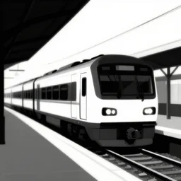 a black and white, moody, extremely stylish, minimalistic vector art illustration of a train in a train station. professional website.