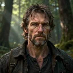 portrait of a rugged middle aged man standing in a forest, highly detailed, fantasy, godrays, cinematic lighting, close up, volumetric, realistic, digital art by greg rutkowski