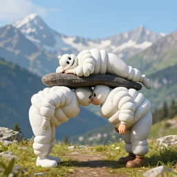 michelin man sleeping on top of each other, kissing each other, and wandering trough the mountains looking at the clouds very detailed focused photography cinematic lighting, sun and shadows, taken by martin parr, colour photo kodachrome