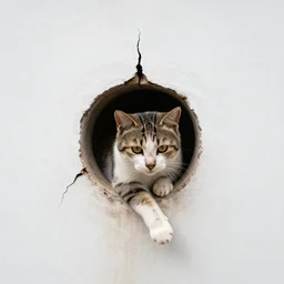 a cat slips through a crack in the wall