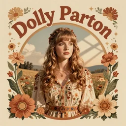 young Dolly Parton, retro graphic design, hippie, floral