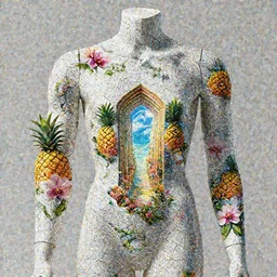 “ a beautiful mannequin covered in geometrical 3 d print, a portal to a new world, flowering pineapples and orchids, transcendent, vibrant color, clean linework, finely detailed, 4 k, trending on artstation, photorealistic, volumetric lighting, octane render, in the style of michael cheval ”