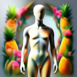“ a beautiful mannequin covered in geometrical 3 d print, a portal to a new world, flowering pineapples and orchids, transcendent, vibrant color, clean linework, finely detailed, 4 k, trending on artstation, photorealistic, volumetric lighting, octane render, in the style of michael cheval ”