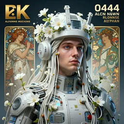 hyperrealist portrait of a 2 0 4 4 space sport engineer, it is decorated with long white wires and white flowers that fall like vines and wears a huge computer crown. by jeremy mann and alphonse mucha, fantasy art, photo realistic, dynamic lighting, artstation, poster, volumetric lighting, dramatic light, very detailed faces, 8 k, award winning