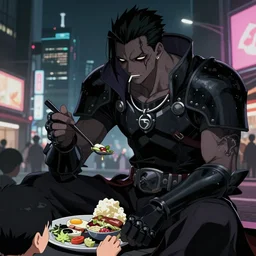 a male yokai wearing shadow armor eating some people of tokyo, cyberpunk dark fantasy, art by artgerm and karol bak and moebius and alphonse mucha and greg rutkowski, hyperdetailed, ultrarealistic, octane render