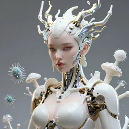 hyper detailed ultra sharp portrait of a beautiful well contoured porcelain ivory smooth fair cyborg warrior woman model, up close shot, sharp focus, global illumination, radiant light, biomechanical white silver gold rhizomorphs headdress, cyberpunk brackets, laser cut paper microbes, bubble mushrooms, puffballs, alexandre ferra white mecha, irakli nadar, alexander mcqueen, octane highly render, 4 k, ultra hd,