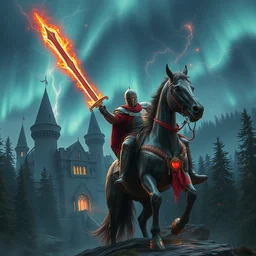 knight mounted in a horser, wielding a greatsword of fire with electricity element, standing in frontal of a castle, castle realistic, big forest world fantasy hyperrealism, armor lightnings elemental hyperrealism, sky northern lights, hyperrealism by greg rutkowski hyperrealism