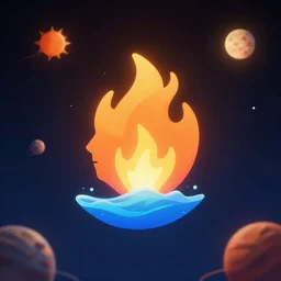fire and water, face icon, stylized, minimalist, portrait, by loftis cory, behance, hd, by jesper ejsing, by rhads, makoto shinkai and lois van baarle, by ilya kuvshinov, global illumination, rimlight, bokeh, octane render, dark sky in background, little planets, suns, moons
