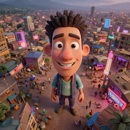 3 d vfx - caricature - art of a bustling - neon lit - ajegunle slum in nigeria, unreal engine render, digital illustration, illustration style by mike winkelmann, sharp, intricate detail, volumetric light, ray tracing, soft light, colourful, surreal environment, claymation, drone view, fish eye lens, cinestill 8 0 0 t photograph, acrylic,