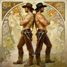 a homoerotic painting by gaston bussiere, craig mullins, alphonse mucha j. c. leyendecker, clyde aspevig of two gunslingers in love standing back to back | bandoliers, shirtless, leather clothing | natural lighting, path traced, highly detailed, high quality, digital painting, trending on artstation